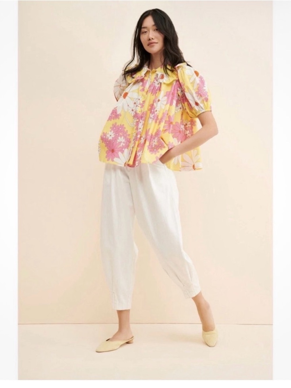 Selkie Puff Sleve Trapeze Blouse with Pink & White Blossoms